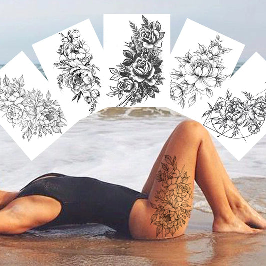 Sexy Flower Temporary Tattoos For Women Body Art Painting Arm Legs Tattoos Sticker Realistic Black Rose Waterproof Tattoos