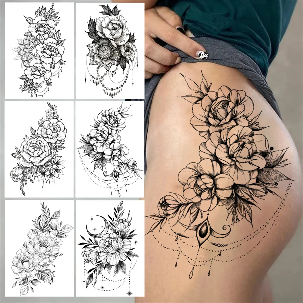 Temporary Tattoos For Women Tattoo Sticker Peony Black Henna Moon Large Thigh Tattoo Waterproof