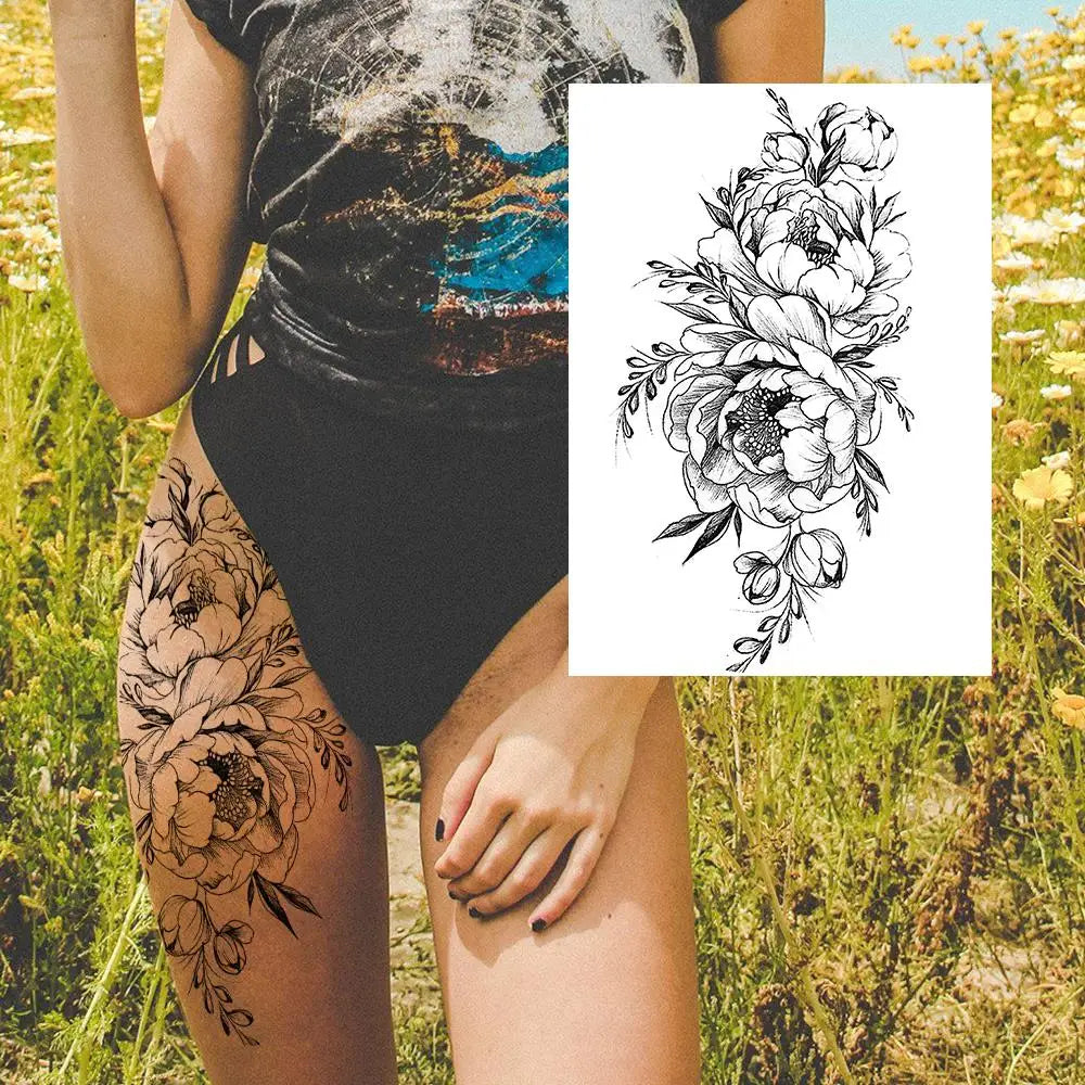 Sexy Flower Temporary Tattoos For Women Body Art Painting Arm Legs Tattoos Sticker Realistic Black Rose Waterproof Tattoos